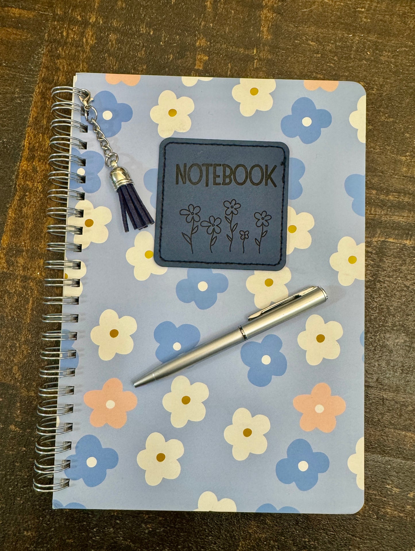 Floral Notebook w/ PU Leather engraved patch, removable tassel and mini pen