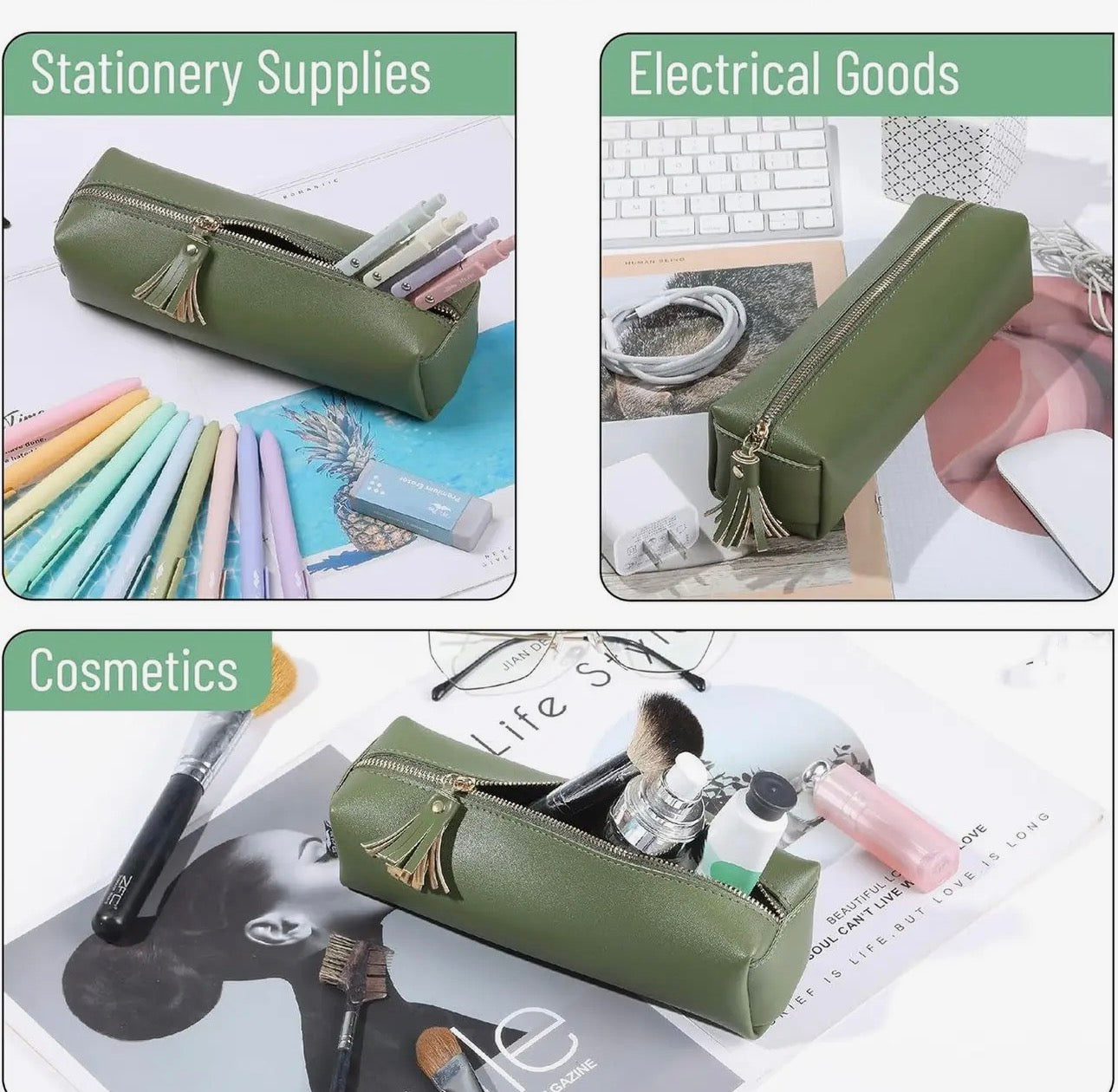 PU Leather Pencil Case, Olive Green