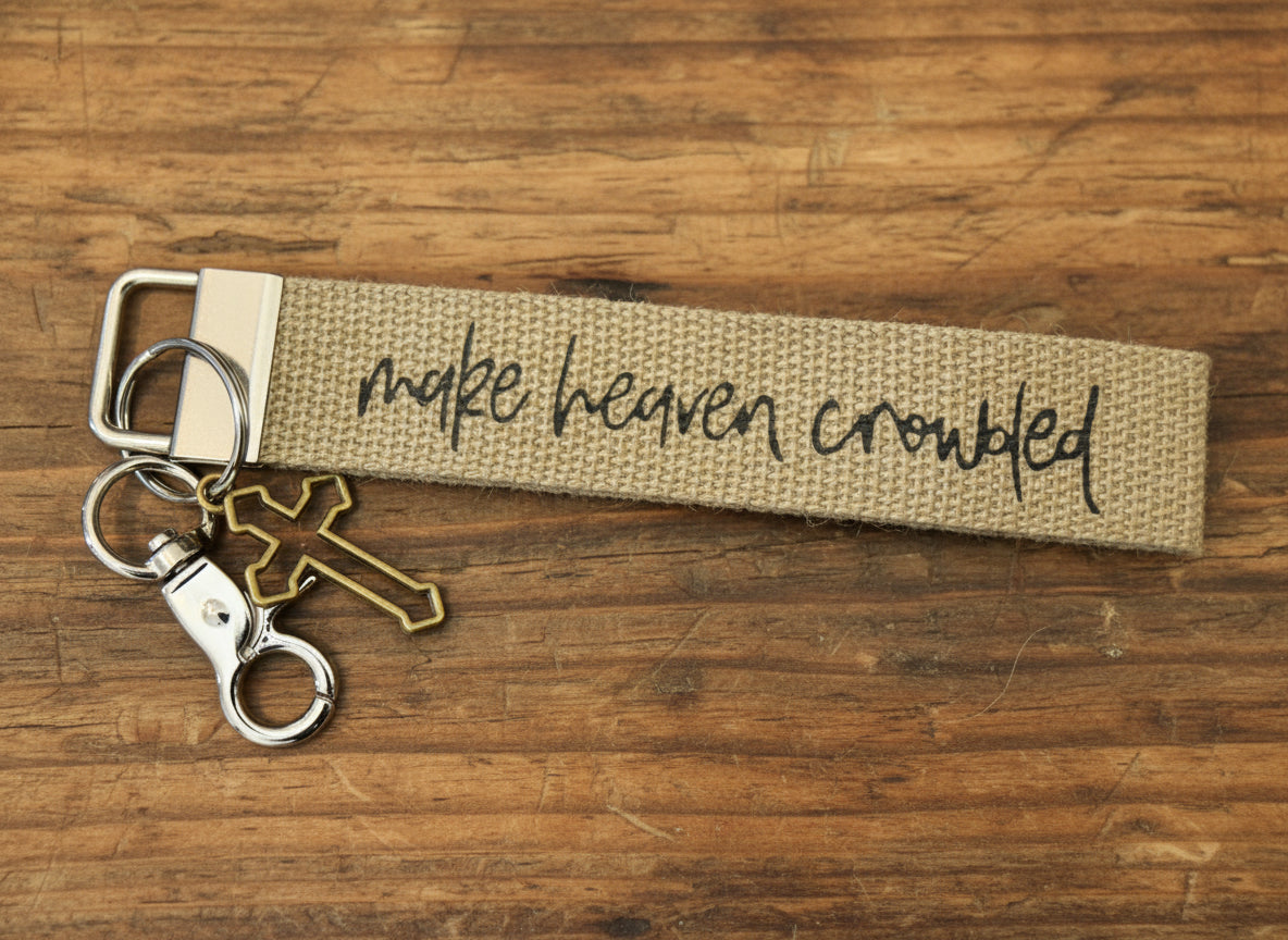 ‘Make Heaven Crowded’ canvas wristlet keychain with cross charm
