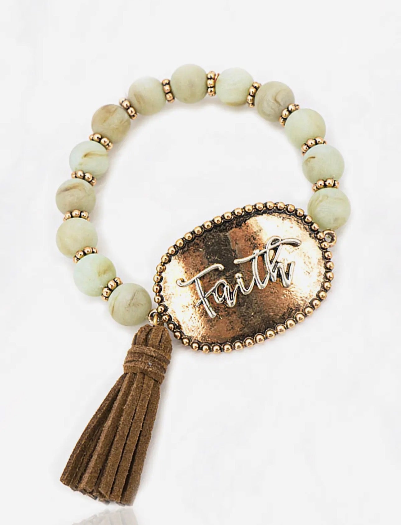 Faith Beaded Stretch Bracelet with Tassel