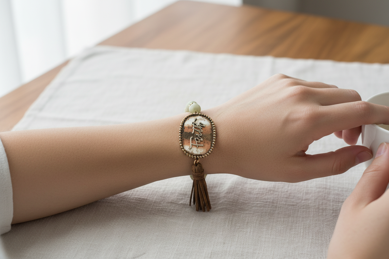 Faith Beaded Stretch Bracelet with Tassel