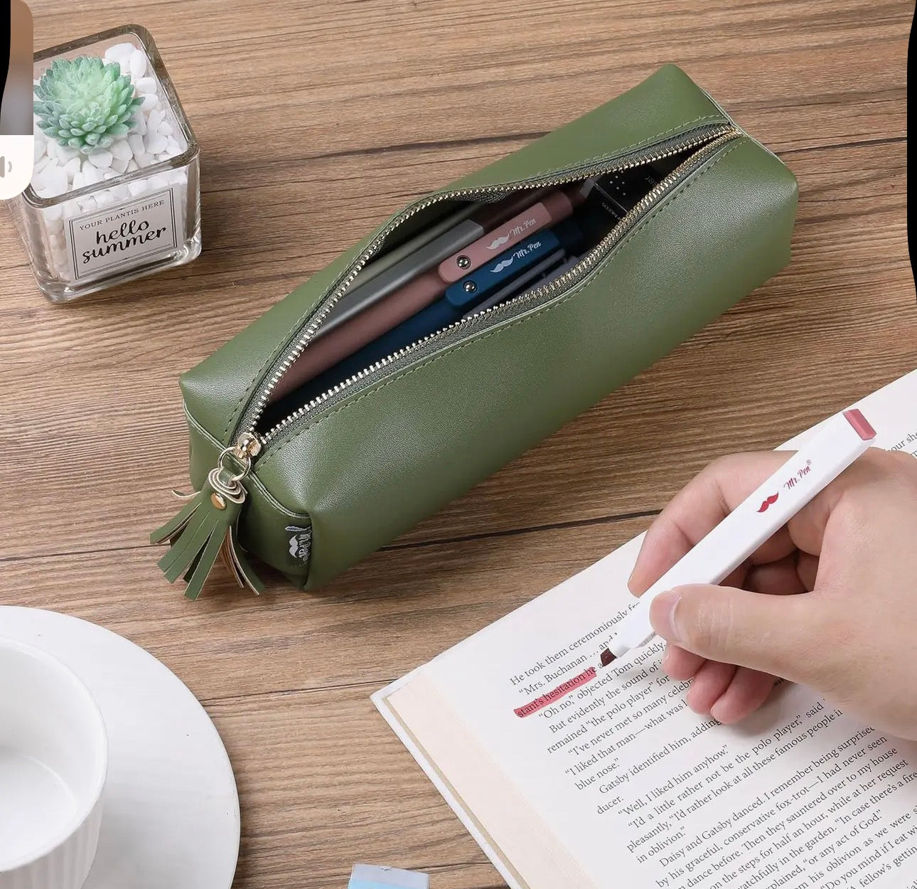 PU Leather Pencil Case, Olive Green