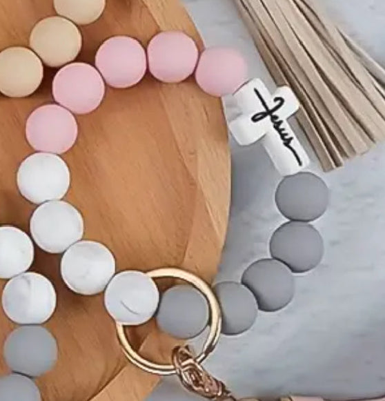 Pastel Silicone Bead Wrist Keychains with Tassel, Lobster Bead Embellished Keychain