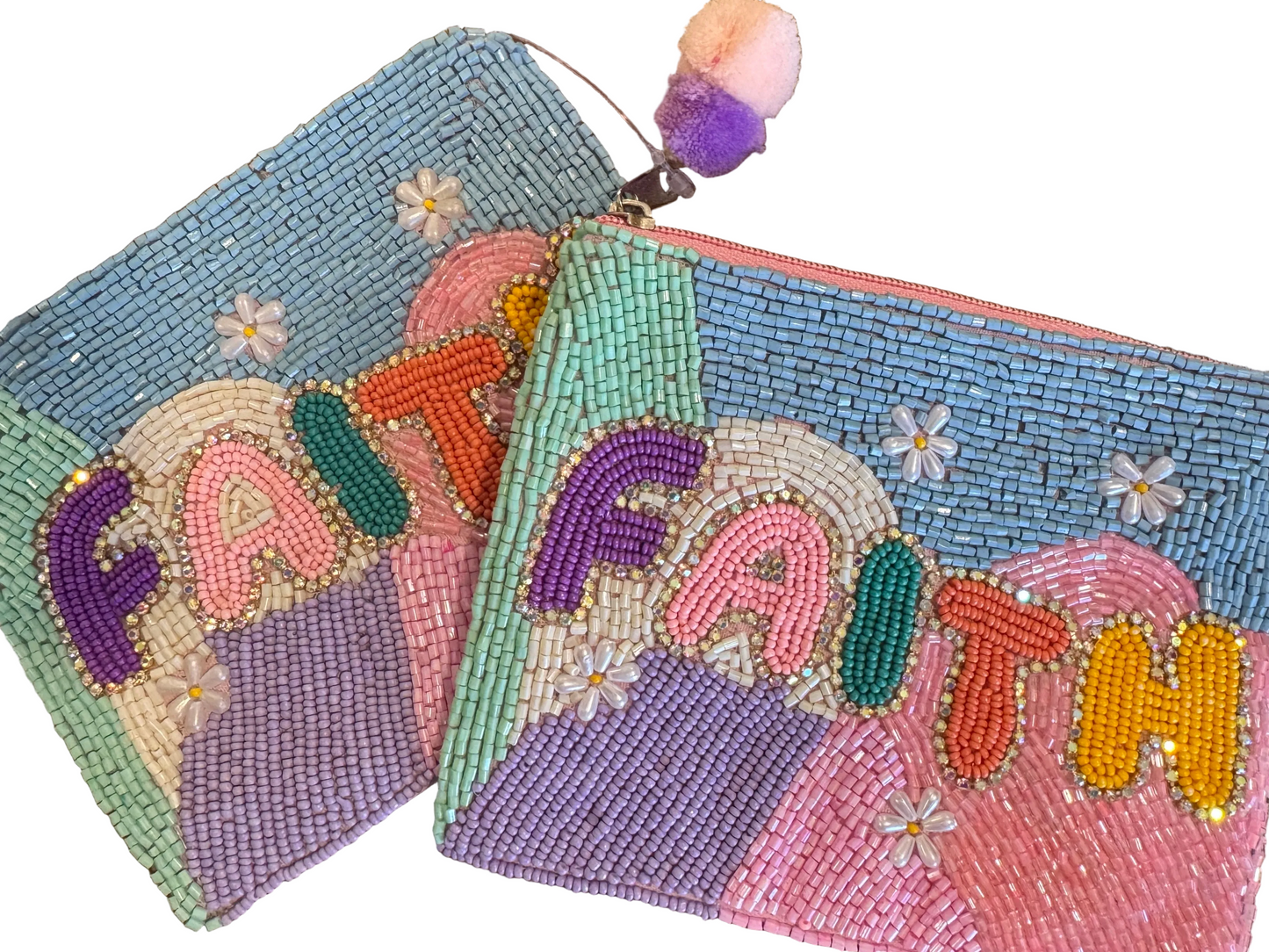 Two beaded pouches with 'FAITH' and flowers  colorful designs on a white background