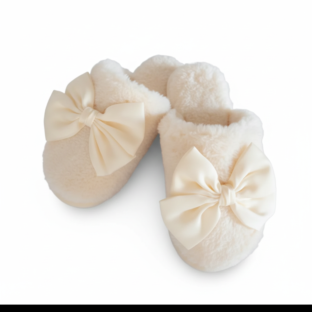 Plush Soft Slippers with Shiny Satin Bow