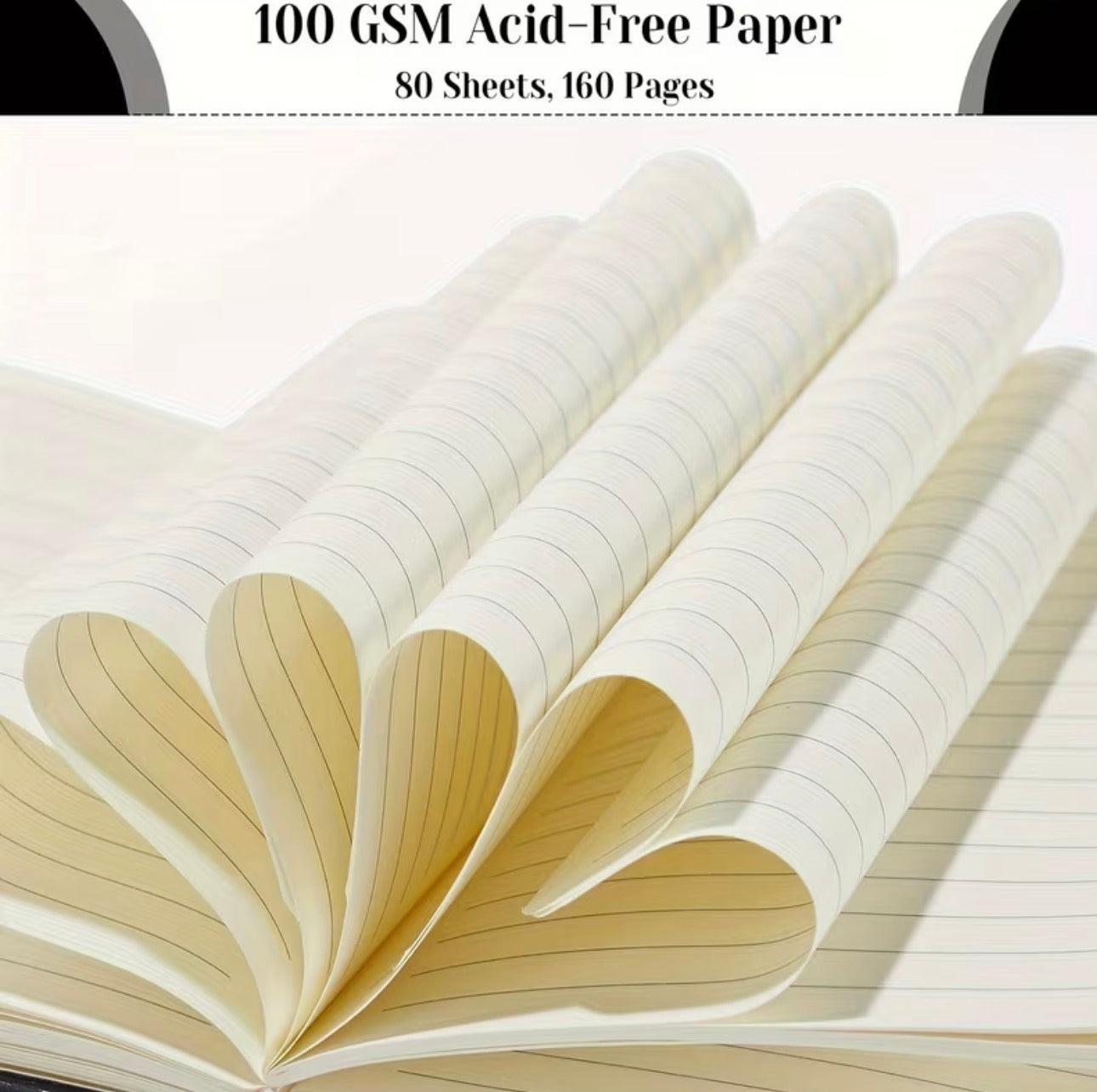 Open notebook with lined pages on a white background, featuring text about paper specifications.