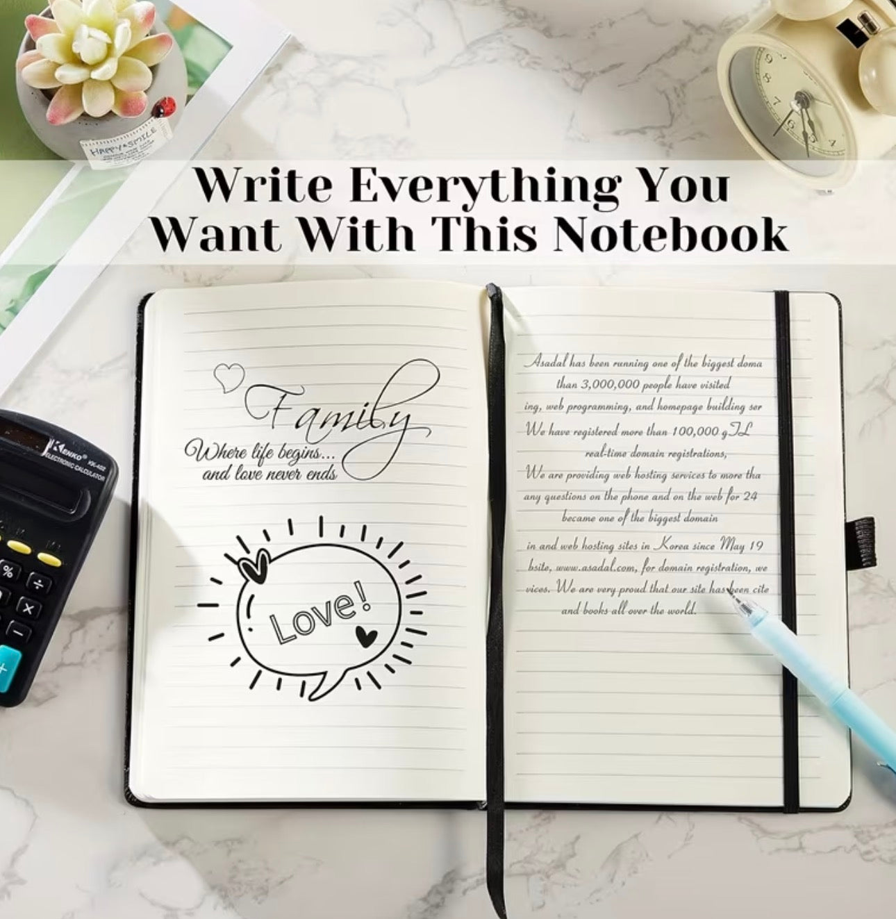 Open notebook with writing on a marble surface, text 'Write Everything You Want With This Notebook'.