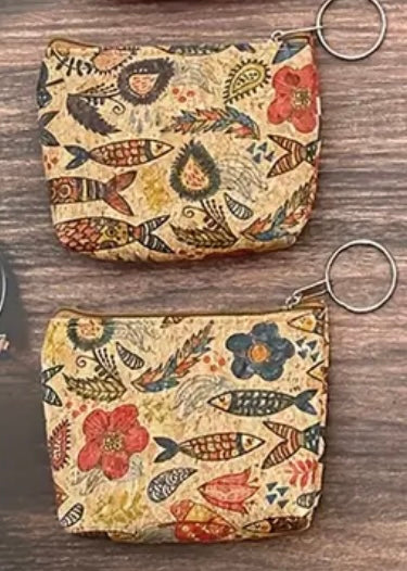 Vibrant Floral & Geometric Print Boho Cork Pouches with Keyring