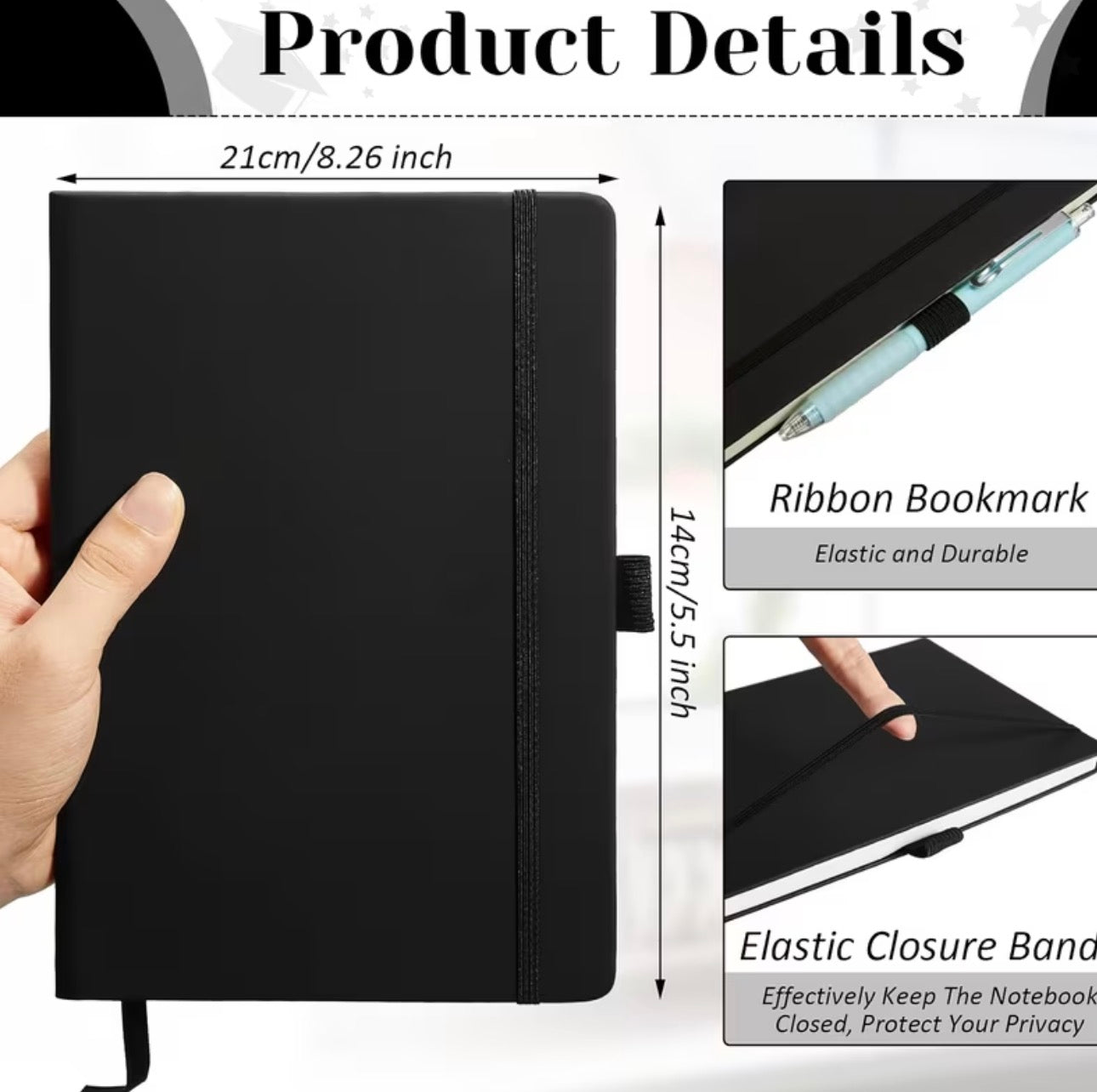 Black notebook with measurements and features highlighted