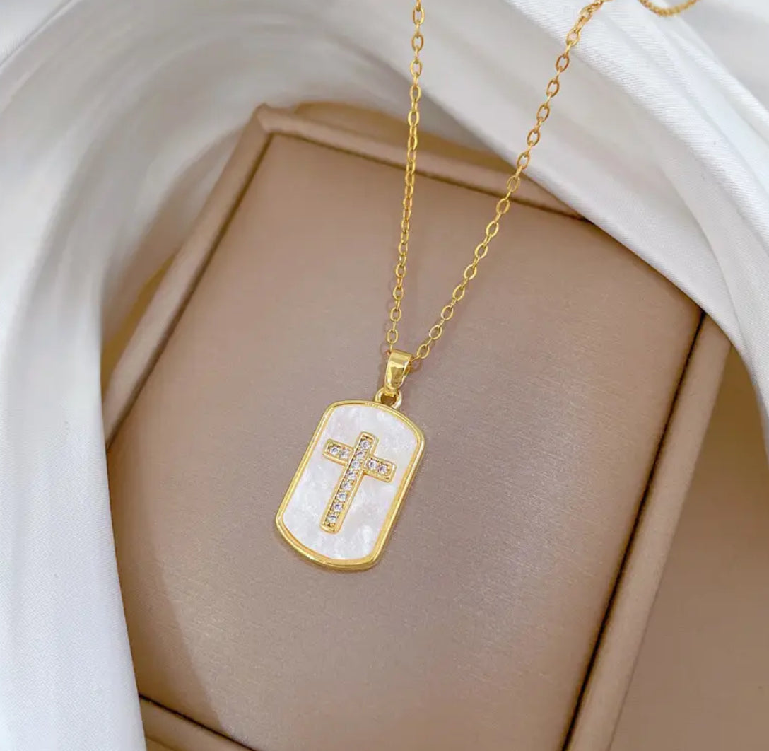 Golden-Toned Rectangular Pendant with Embellished Cross
