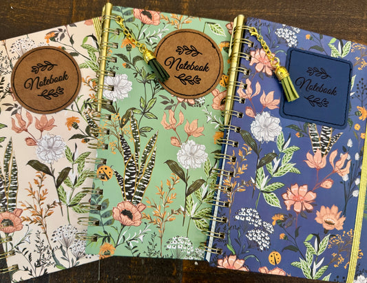 Hardback Floral Journal/Notebook w/ PU Leather engraved patch, removable tassel and mini pen