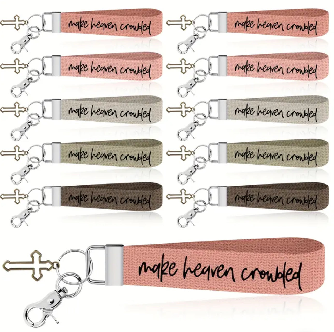 ‘Make Heaven Crowded’ canvas wristlet keychain with cross charm