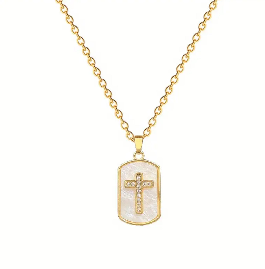 Golden-Toned Rectangular Pendant with Embellished Cross