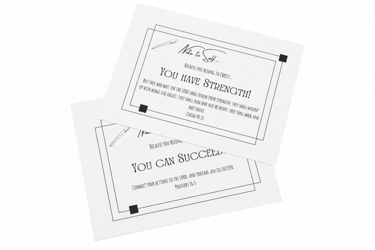 Two motivational white scripture cards with black text on a white background