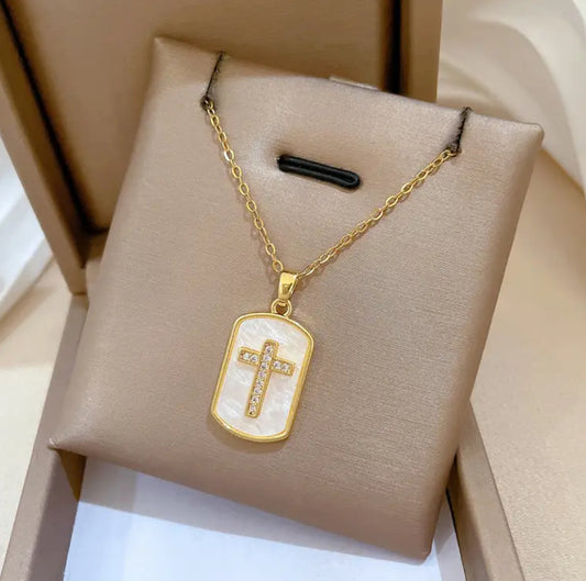 Golden-Toned Rectangular Pendant with Embellished Cross