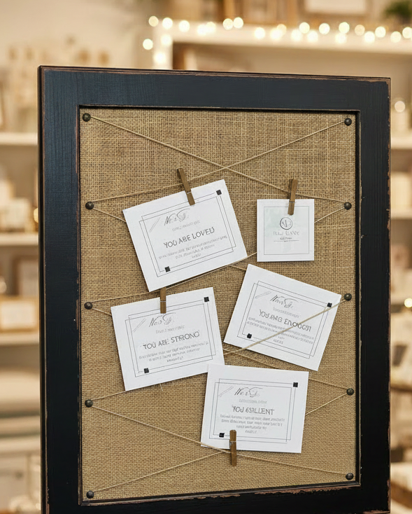 Decorative message board with white scripture cards in a rustic setting