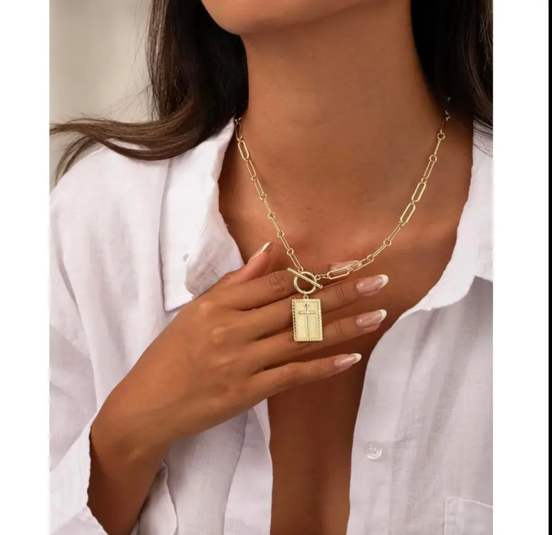 Women’s Elegant Minimalist Cross Pendant Necklace with Loop and Toggle Clasp Closure in both Silver and Gold