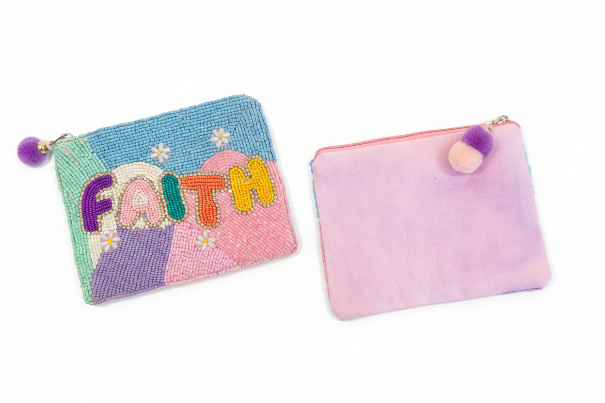 Two colorful pouches with 'FAITH' text and pom-pom details on a white background