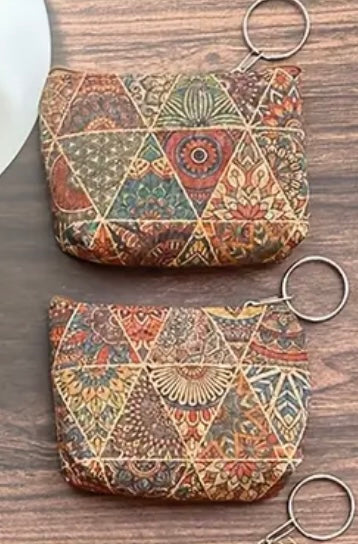Vibrant Floral & Geometric Print Boho Cork Pouches with Keyring