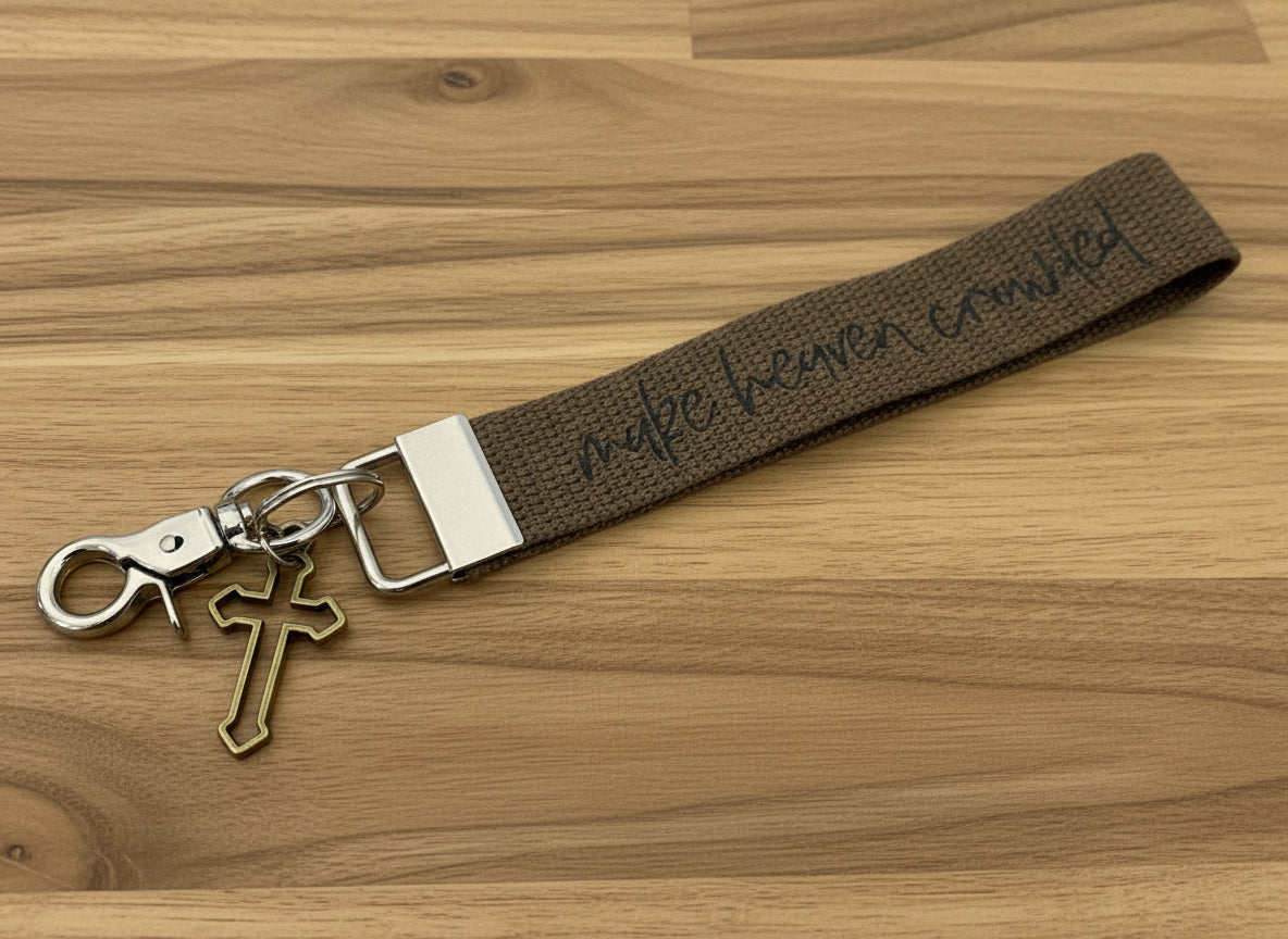 ‘Make Heaven Crowded’ canvas wristlet keychain with cross charm