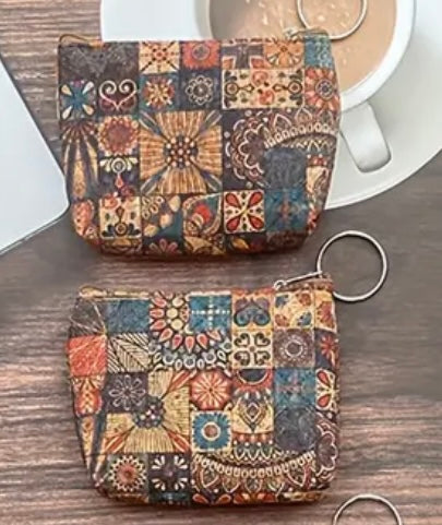 Vibrant Floral & Geometric Print Boho Cork Pouches with Keyring