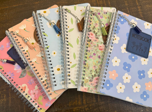 Floral Notebook w/ PU Leather engraved patch, removable tassel and mini pen