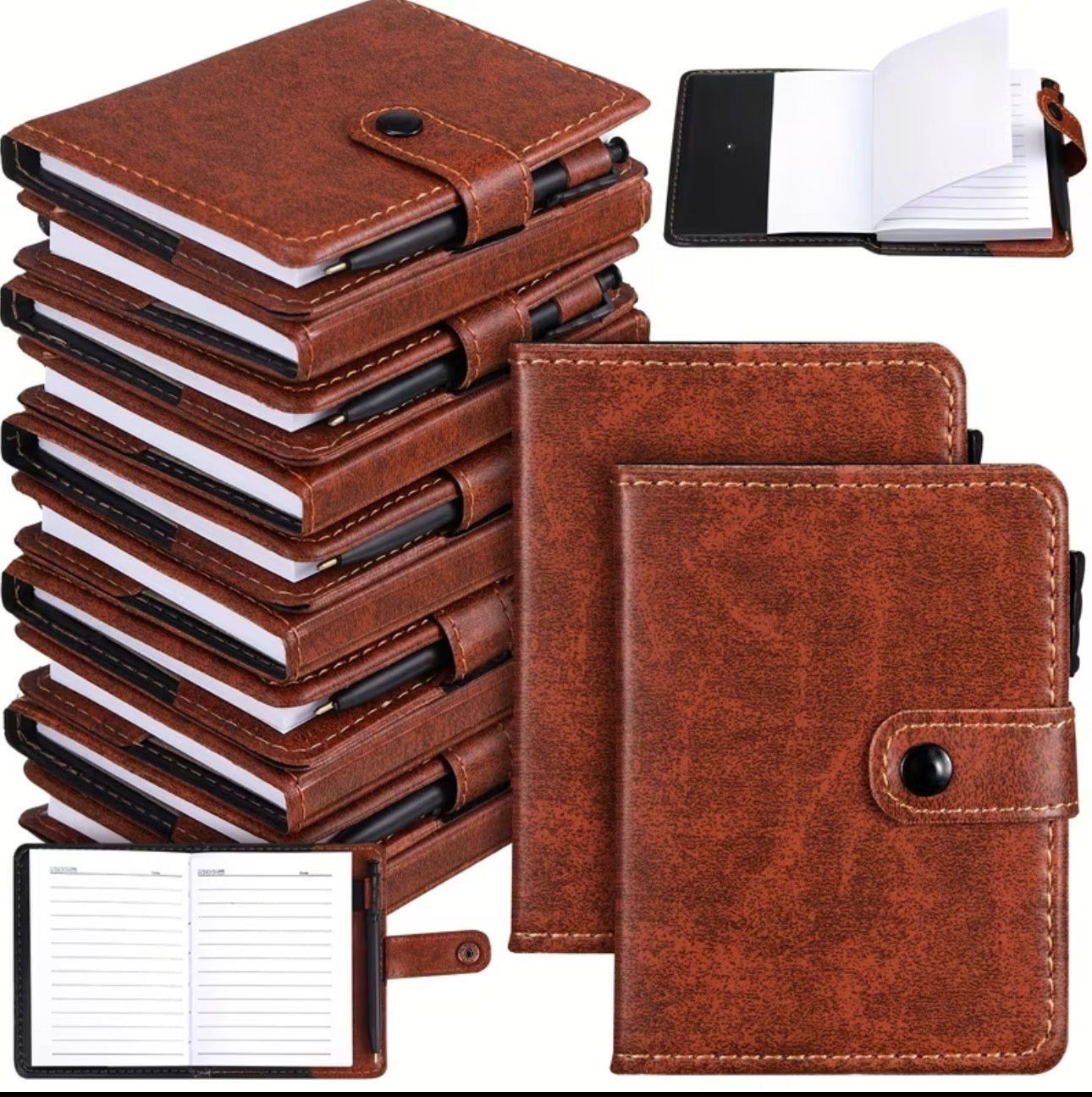 Stack of brown vinyl notebooks with snap closure  with a close-up of one notebook and a notebook insert.