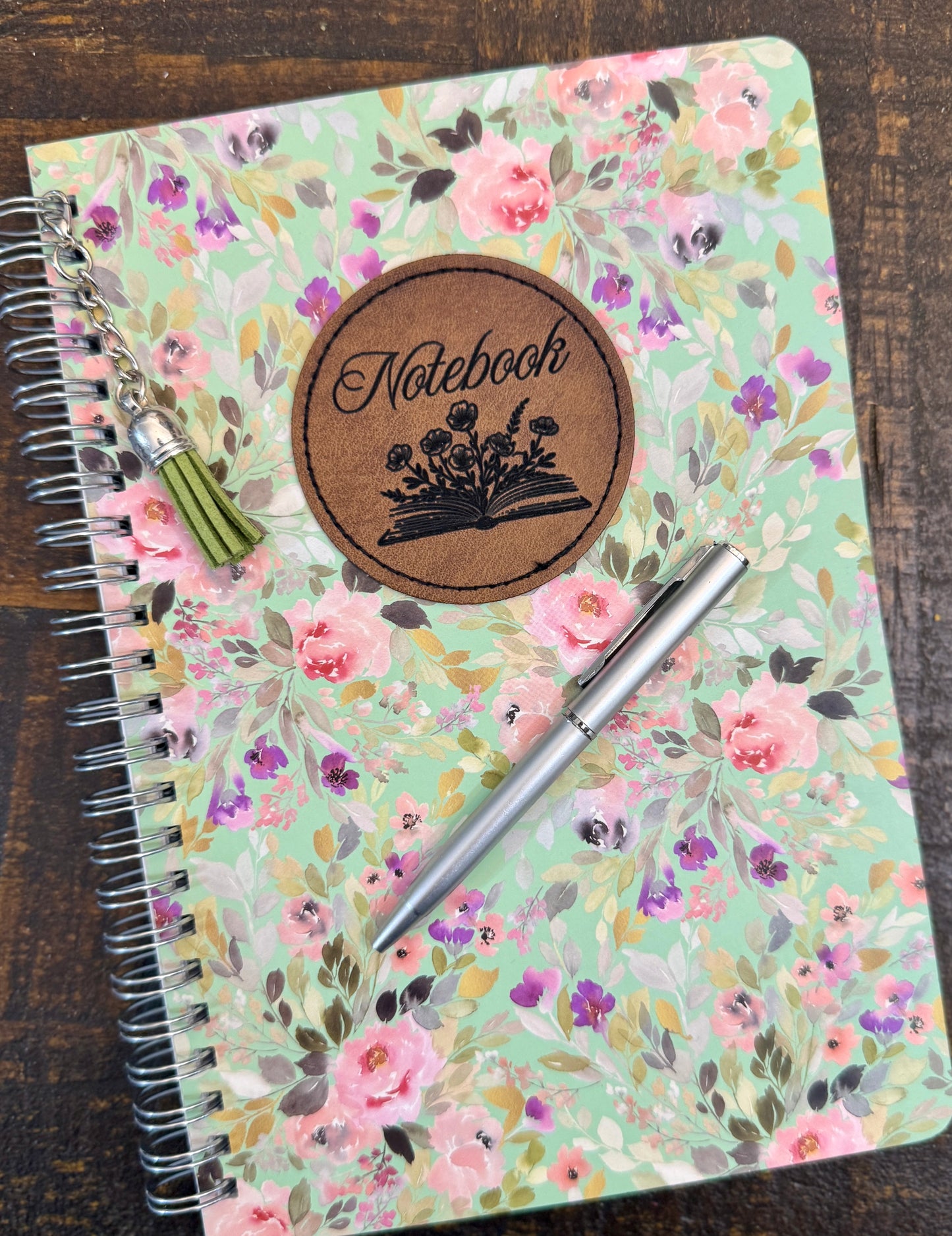 Floral Notebook w/ PU Leather engraved patch, removable tassel and mini pen