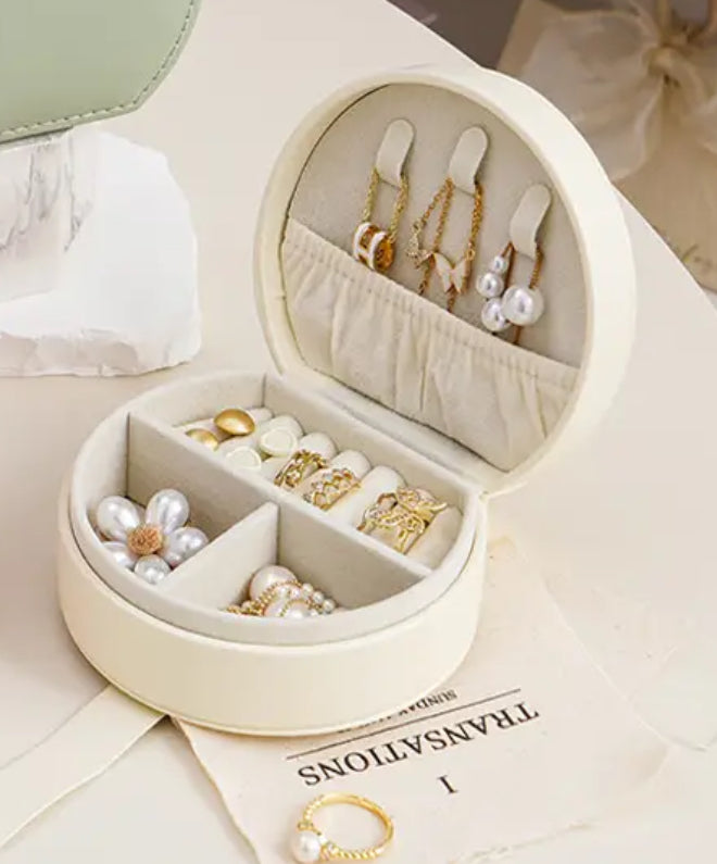 Portable Half Circle Jewelry bBox with Handle, PU Leather Travel Accessory Box