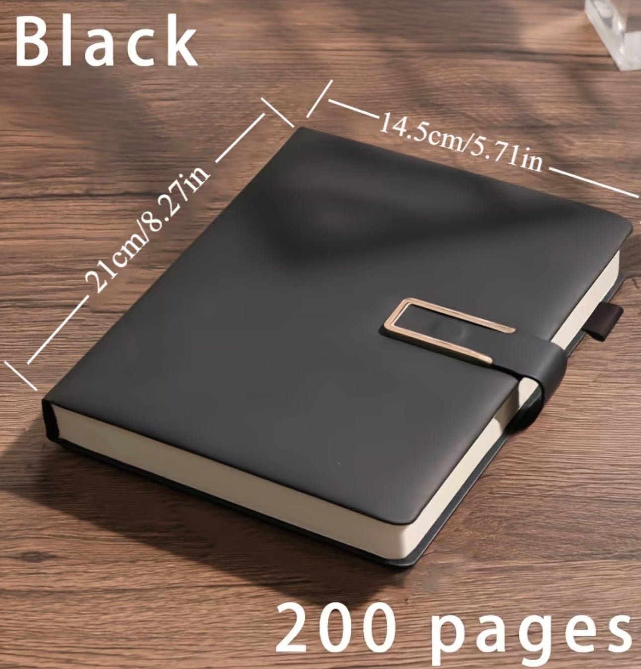 Black notebook with magnetic closure with dimensions and page count on a wooden surface