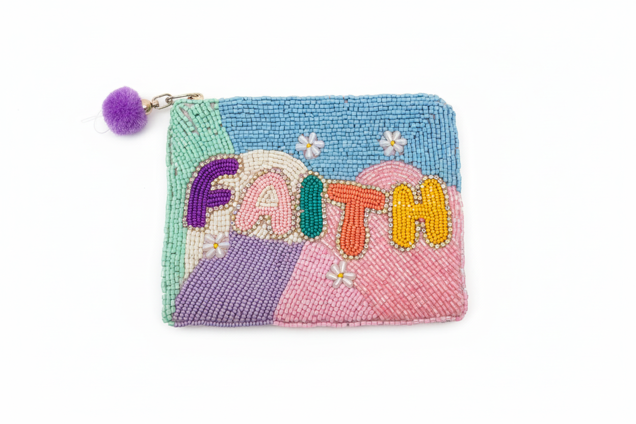 Colorful beaded coin purse with the word FAITH on it.