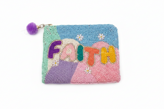 Colorful beaded coin purse with the word FAITH on it.