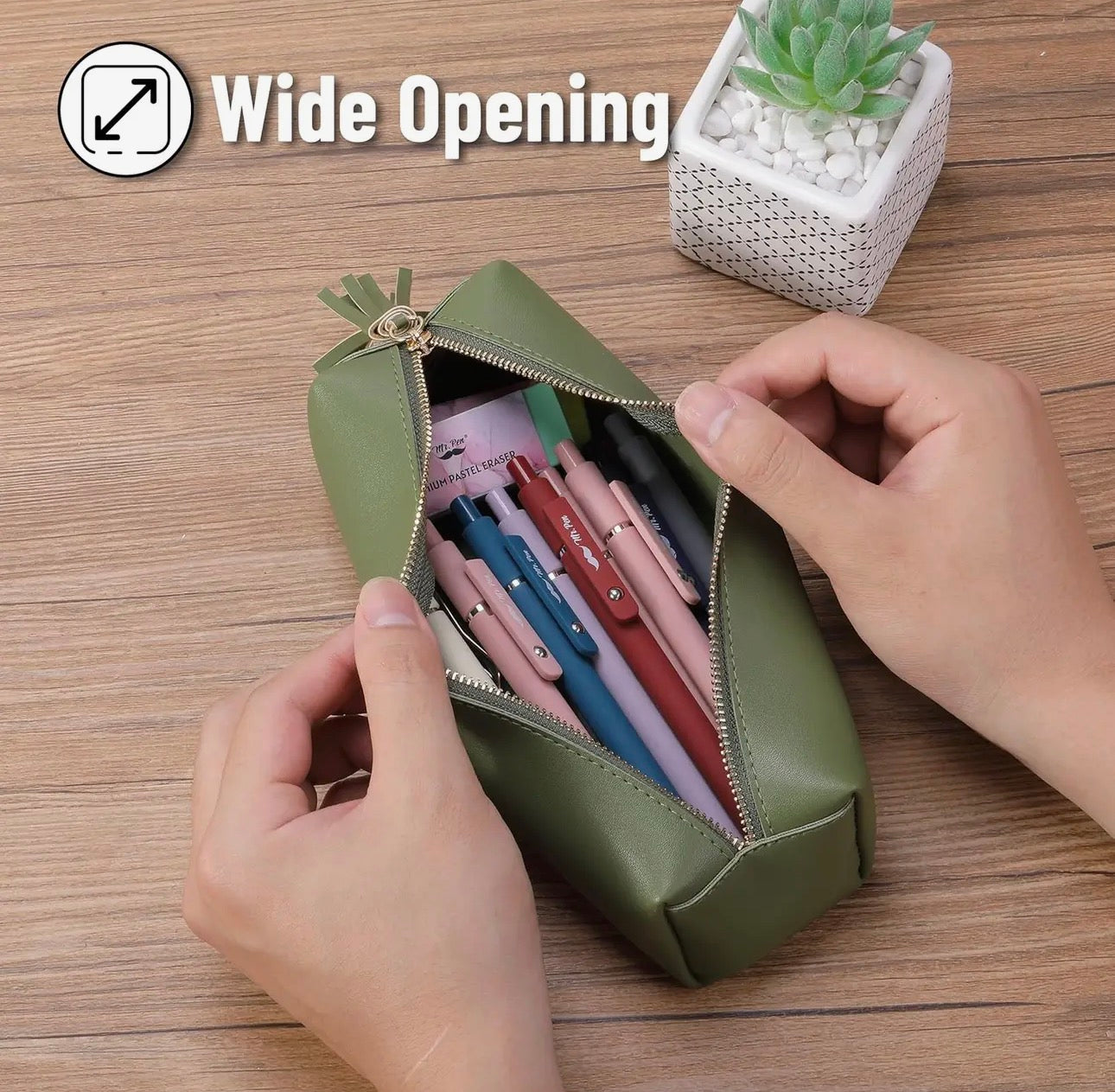 PU Leather Pencil Case, Olive Green