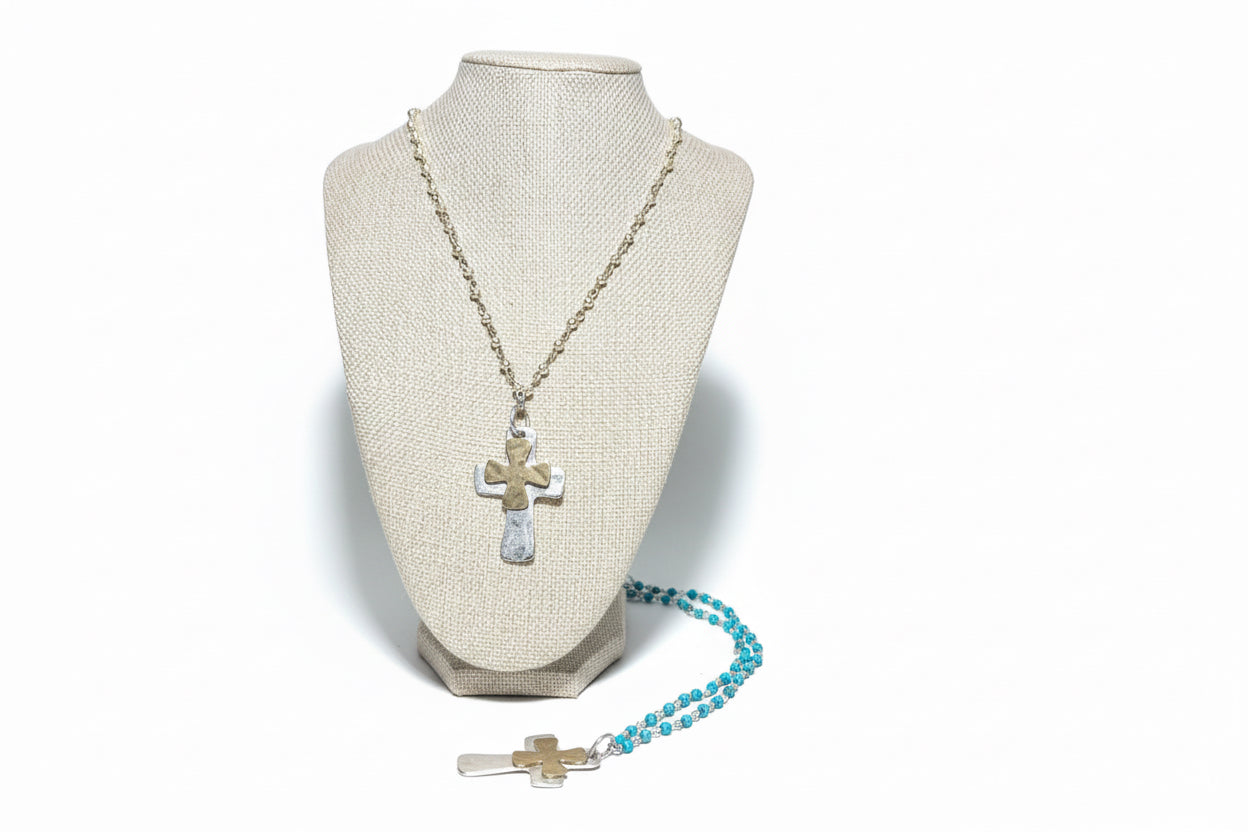 Beaded Double‑Cross Necklace & Earring Set