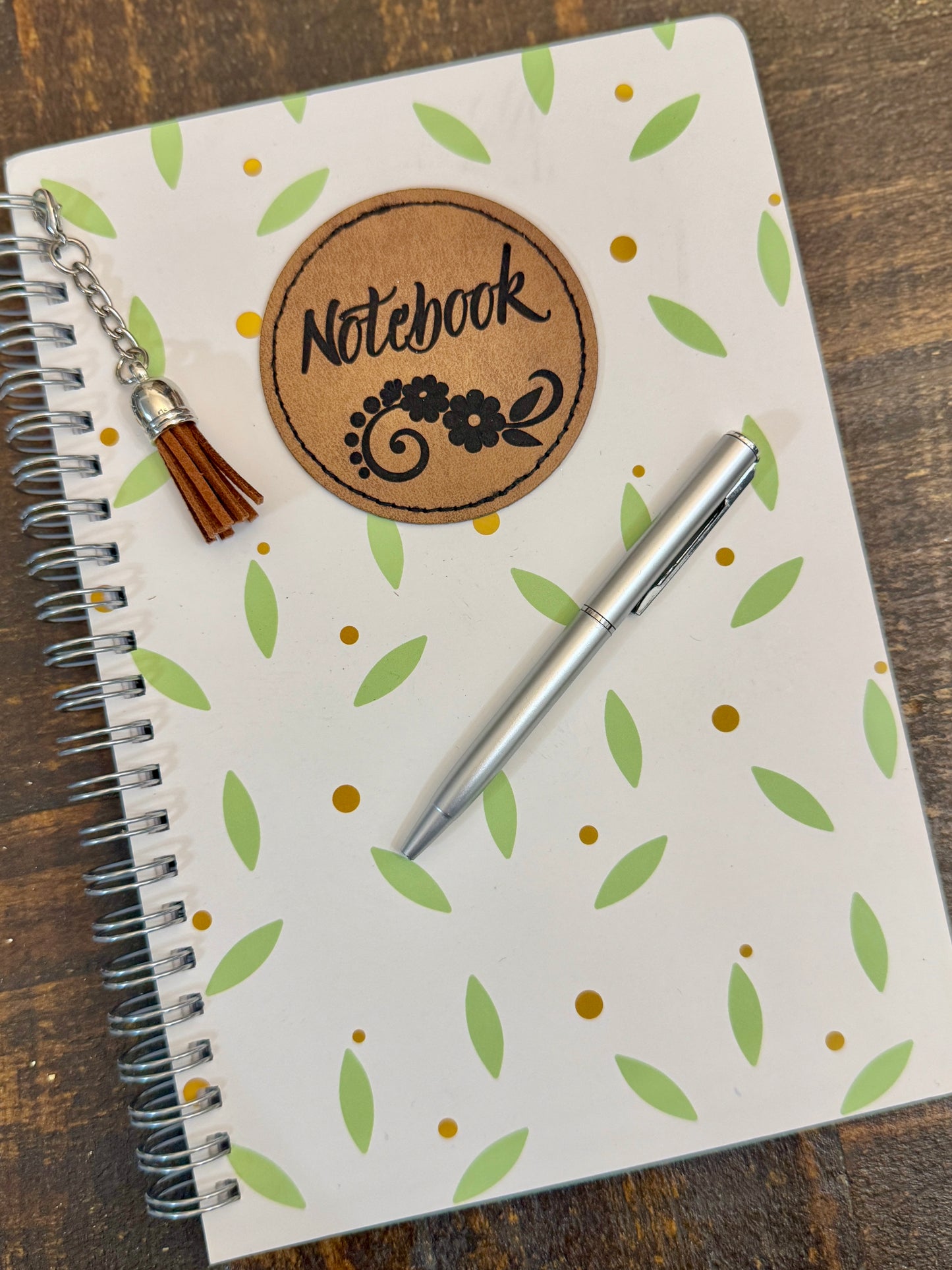 Floral Notebook w/ PU Leather engraved patch, removable tassel and mini pen