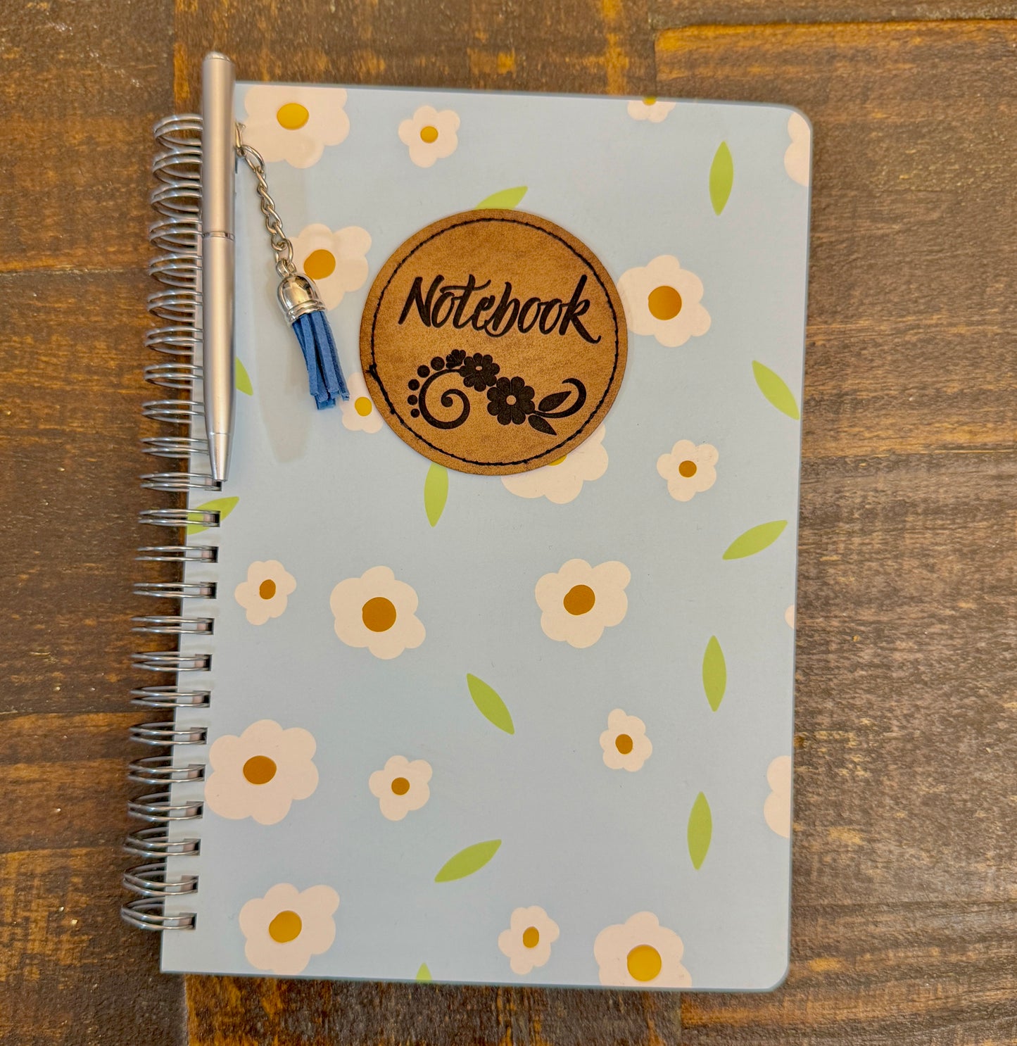 Floral Notebook w/ PU Leather engraved patch, removable tassel and mini pen
