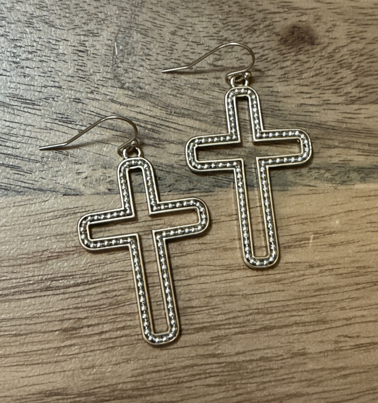 Gold and Silver Two-Toned Hollow Cross Earrings with Beaded Edge