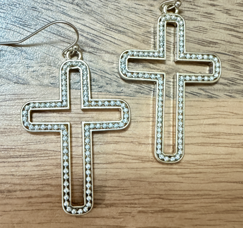 Gold and Silver Two-Toned Hollow Cross Earrings with Beaded Edge