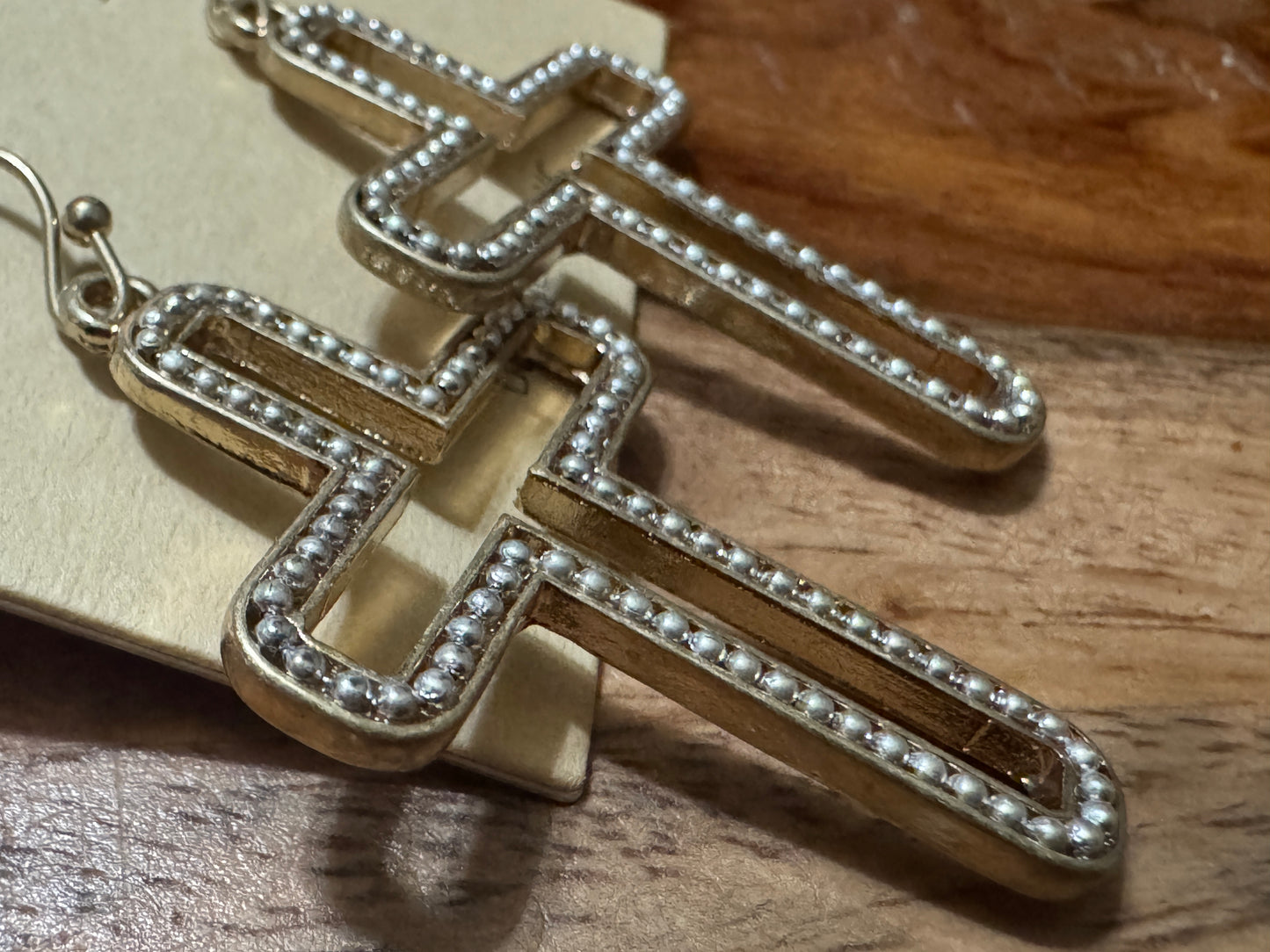 Gold and Silver Two-Toned Hollow Cross Earrings with Beaded Edge