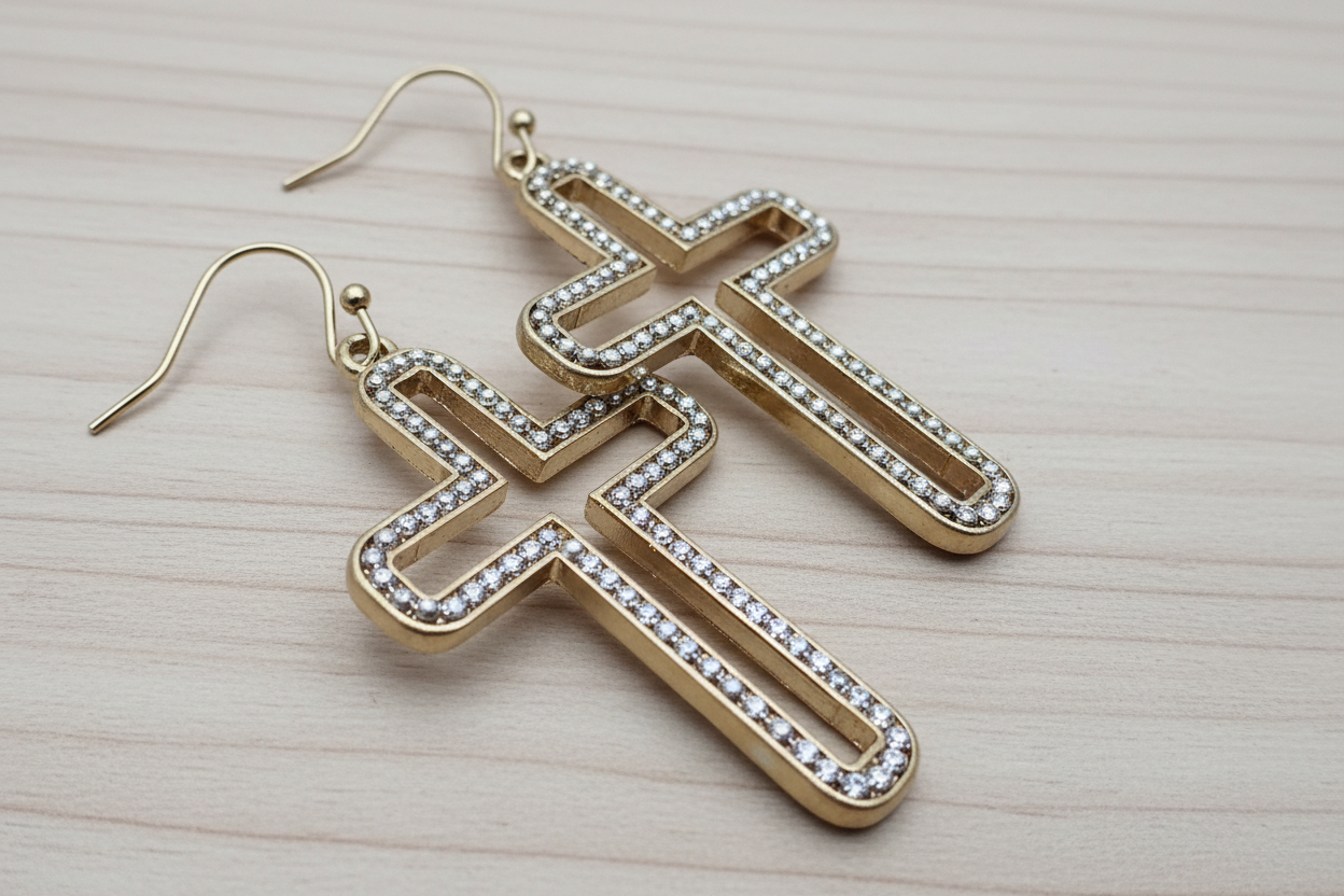 Gold and Silver Two-Toned Hollow Cross Earrings with Beaded Edge