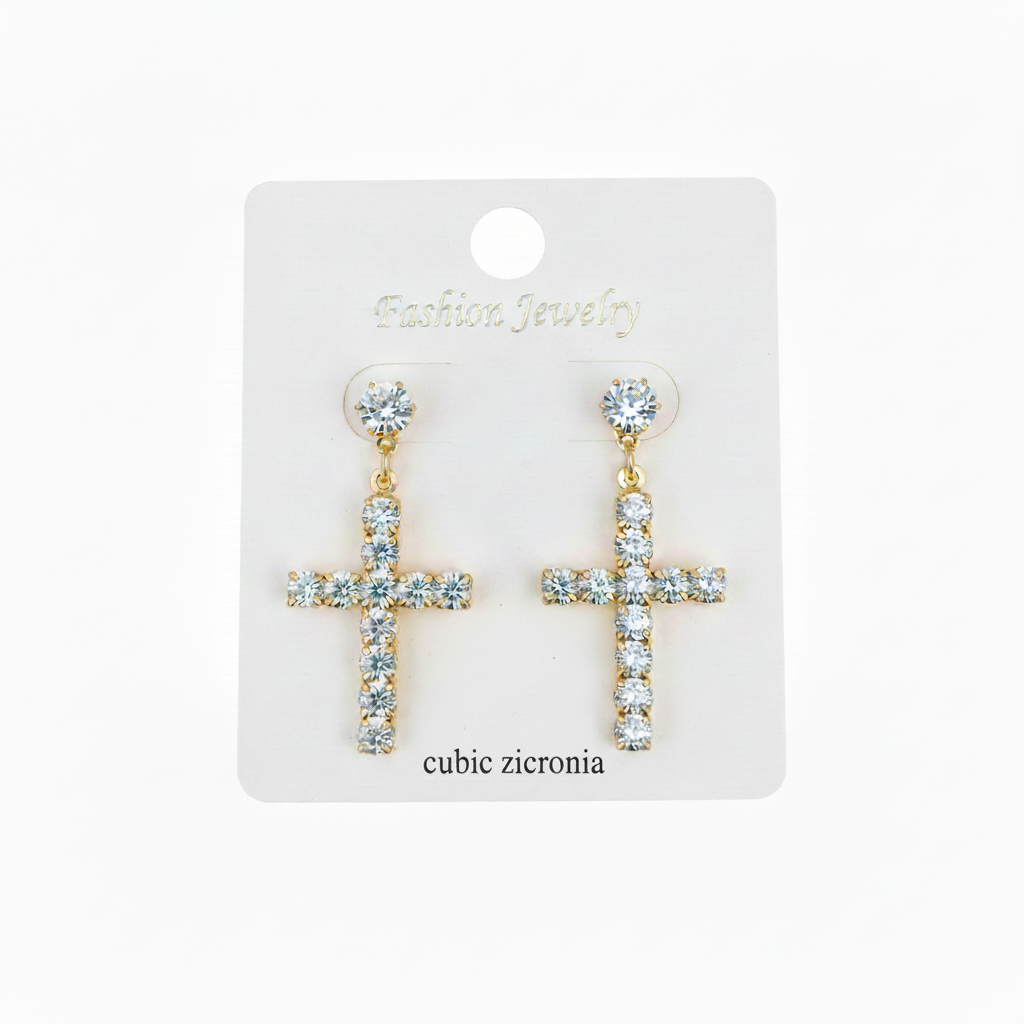Gold Cubic Zirconia Cross Dangle Earrings — Sparkling Round Stud Drop