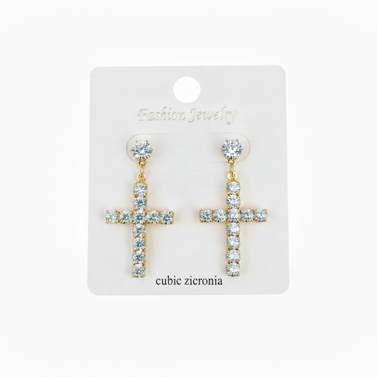 Gold Cubic Zirconia Cross Dangle Earrings — Sparkling Round Stud Drop