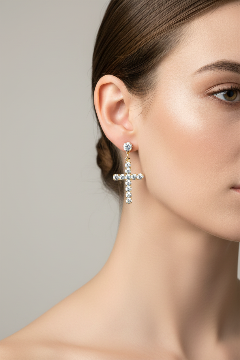 Gold Cubic Zirconia Cross Dangle Earrings — Sparkling Round Stud Drop