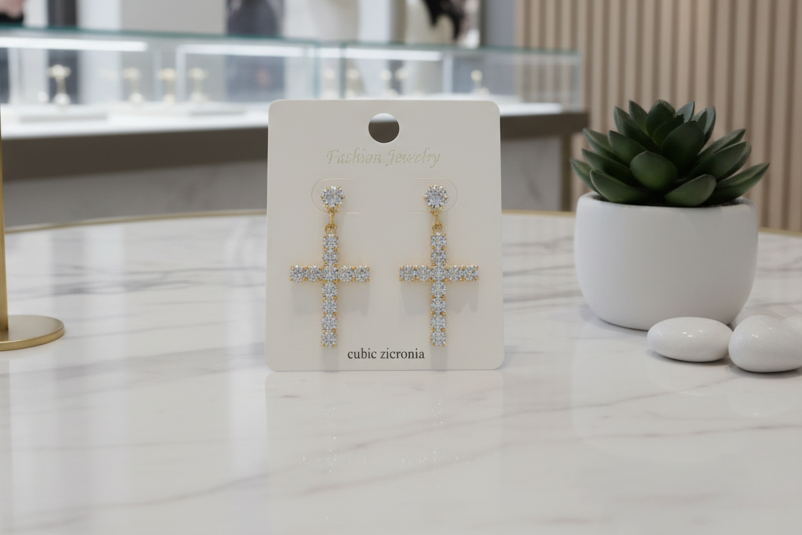 Gold Cubic Zirconia Cross Dangle Earrings — Sparkling Round Stud Drop