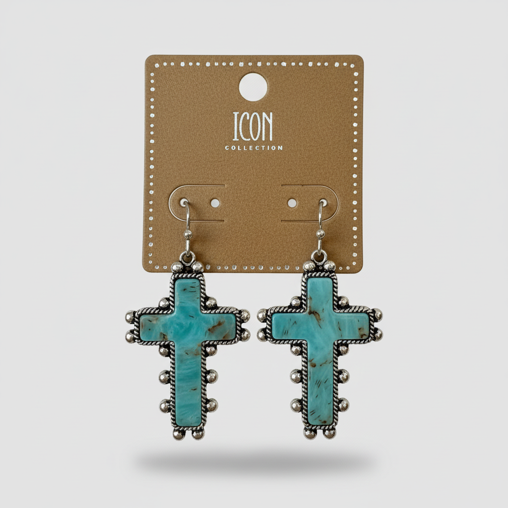 Turquoise Marbled Cross Drop Earrings — Silver-Trim