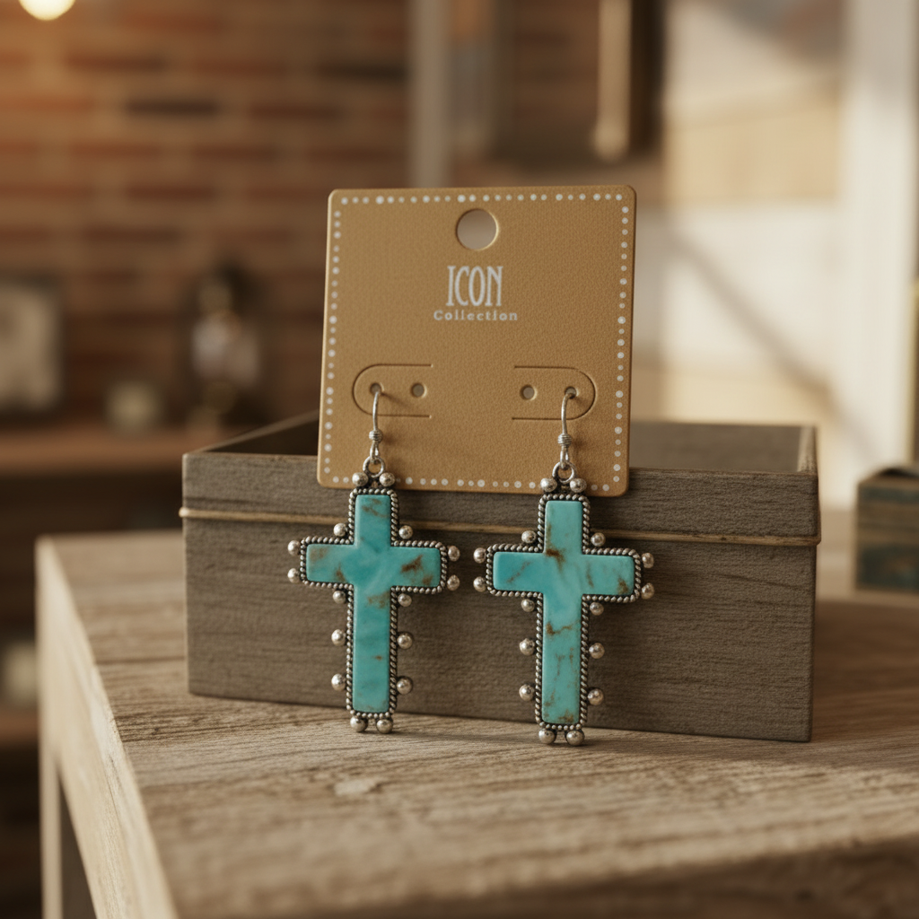 Turquoise Marbled Cross Drop Earrings — Silver-Trim