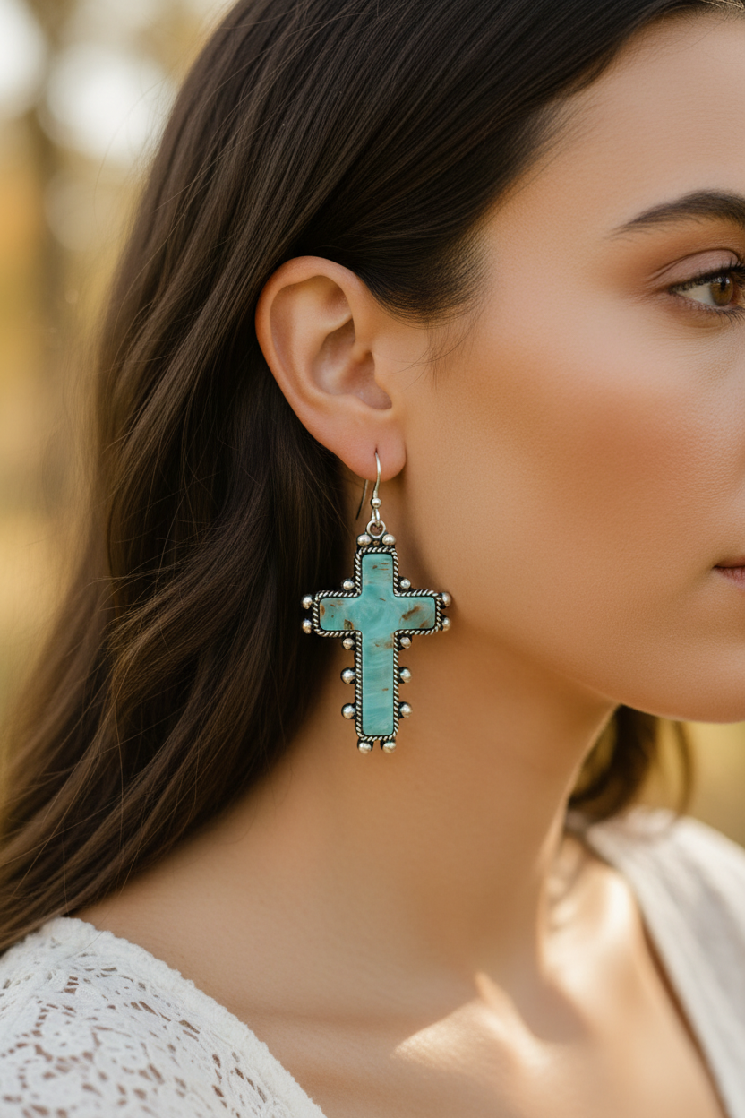 Turquoise Marbled Cross Drop Earrings — Silver-Trim