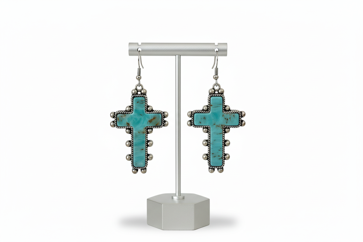 Turquoise Marbled Cross Drop Earrings — Silver-Trim