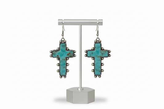 Turquoise Marbled Cross Drop Earrings — Silver-Trim