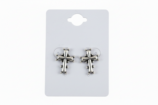 "Silver-Toned Cross Earrings with Embellishments."